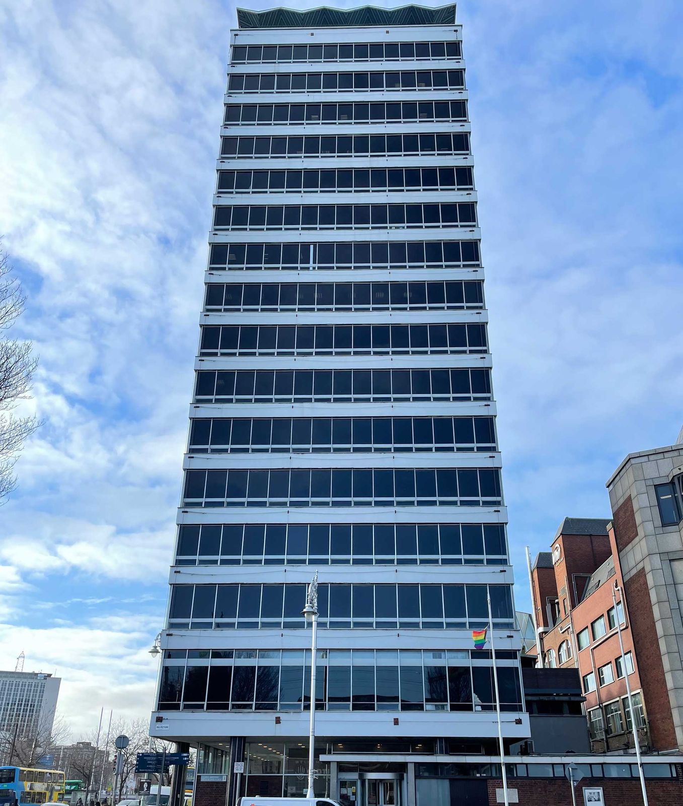 Liberty Hall from street level, the full height of the tower against blue sky